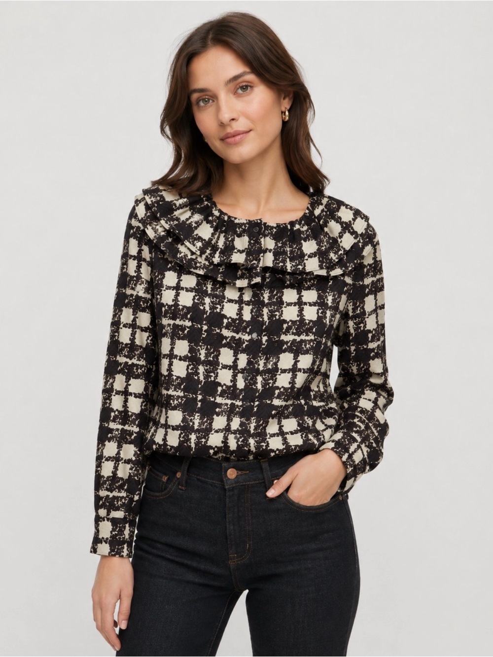 J. Crew Black, Brown Cream Plaid Silk Ruffle-Yoke Blouse XXS